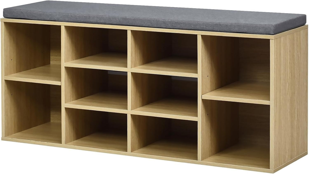 Large 10 - Compartment Shoe Bench with Cushion & Adjustable Shelves for Entryway - Kwikley