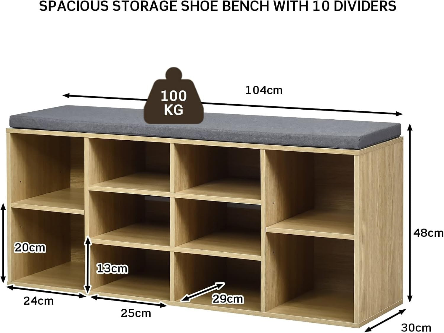 Large 10 - Compartment Shoe Bench with Cushion & Adjustable Shelves for Entryway - Kwikley