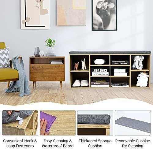 Large 10 - Compartment Shoe Bench with Cushion & Adjustable Shelves for Entryway - Kwikley