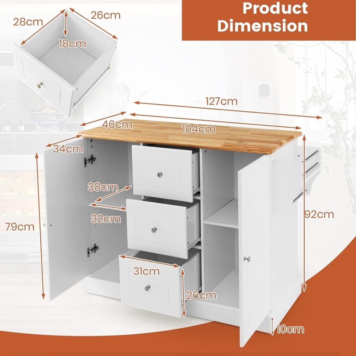 Large 127cm Kitchen Island Cart Rubber Wood Top - Kwikley