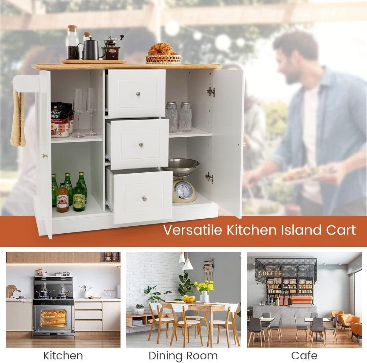 Large 127cm Kitchen Island Cart Rubber Wood Top - Kwikley
