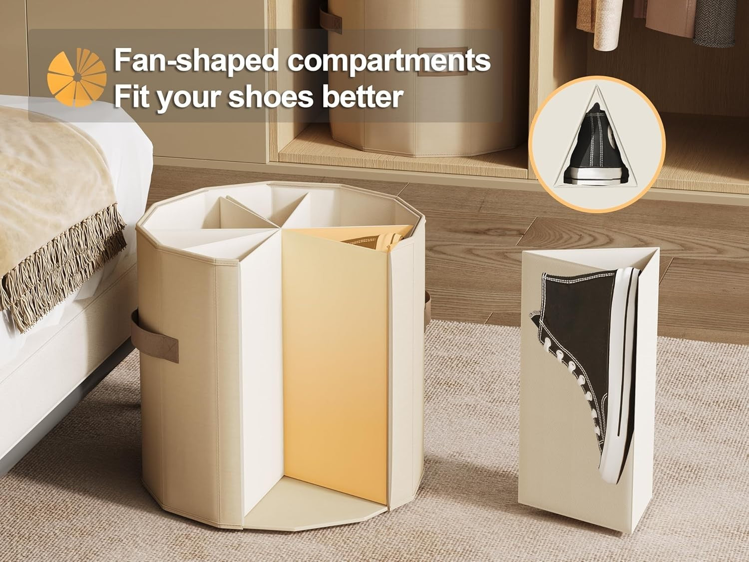 Large 2 - Pack Cylindrical Shoe Organizer with Adjustable Dividers Foldable Beige - Kwikley