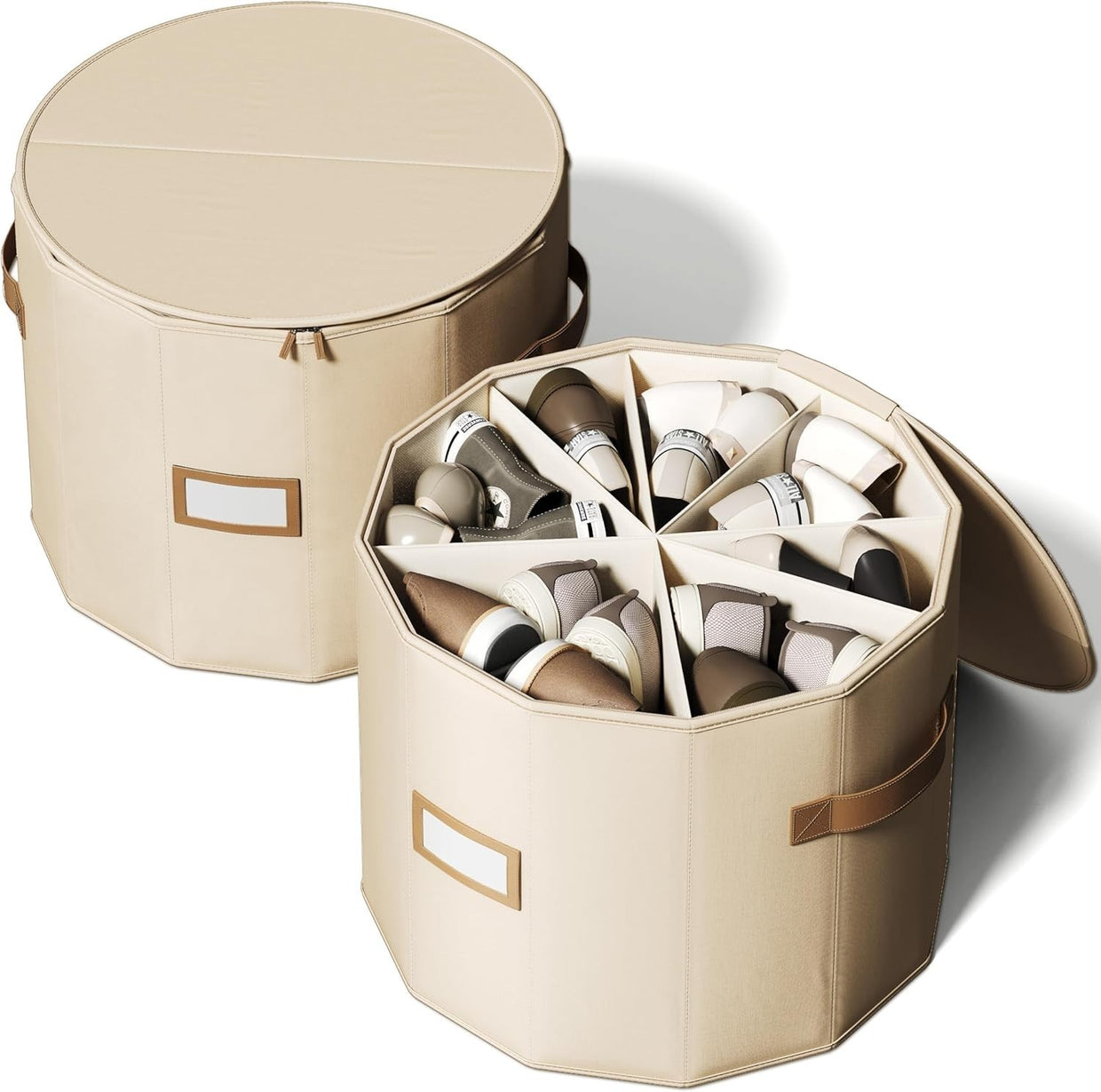 Large 2 - Pack Cylindrical Shoe Organizer with Adjustable Dividers Foldable Beige - Kwikley