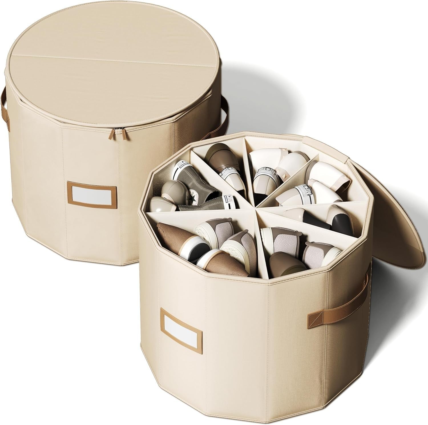 Large 2 - Pack Cylindrical Shoe Organizer with Adjustable Dividers Foldable Beige - Kwikley