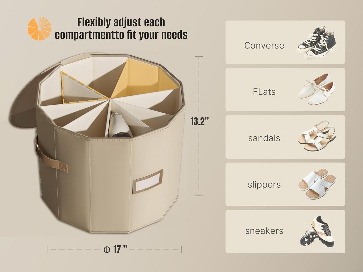Large 2 - Pack Cylindrical Shoe Organizer with Adjustable Dividers Foldable Beige - Kwikley