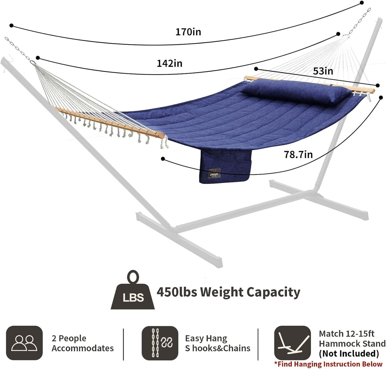 Large 2 - Person Quilted Hammock with Pillow | 450lbs Capacity Outdoor Patio - Kwikley
