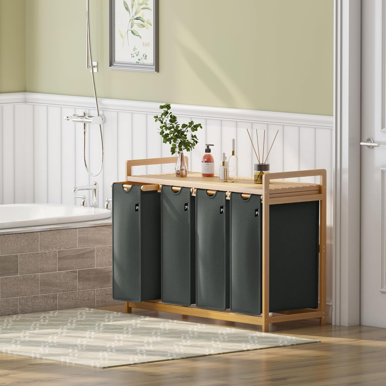 Large 200L 4 - Section Laundry Sorter Bamboo Frame Extendable Detachable Bags - Kwikley