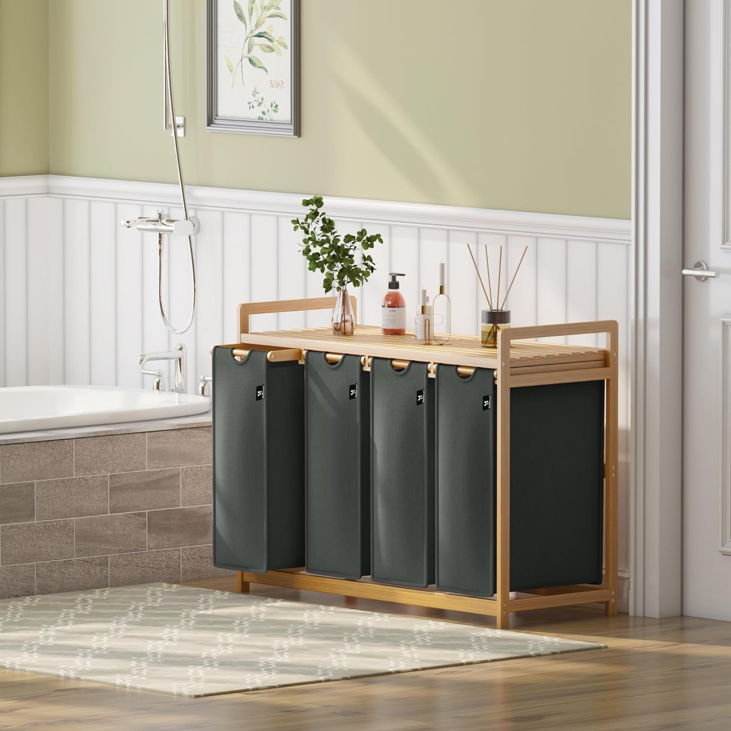 Large 200L 4 - Section Laundry Sorter Bamboo Frame Extendable Detachable Bags - Kwikley