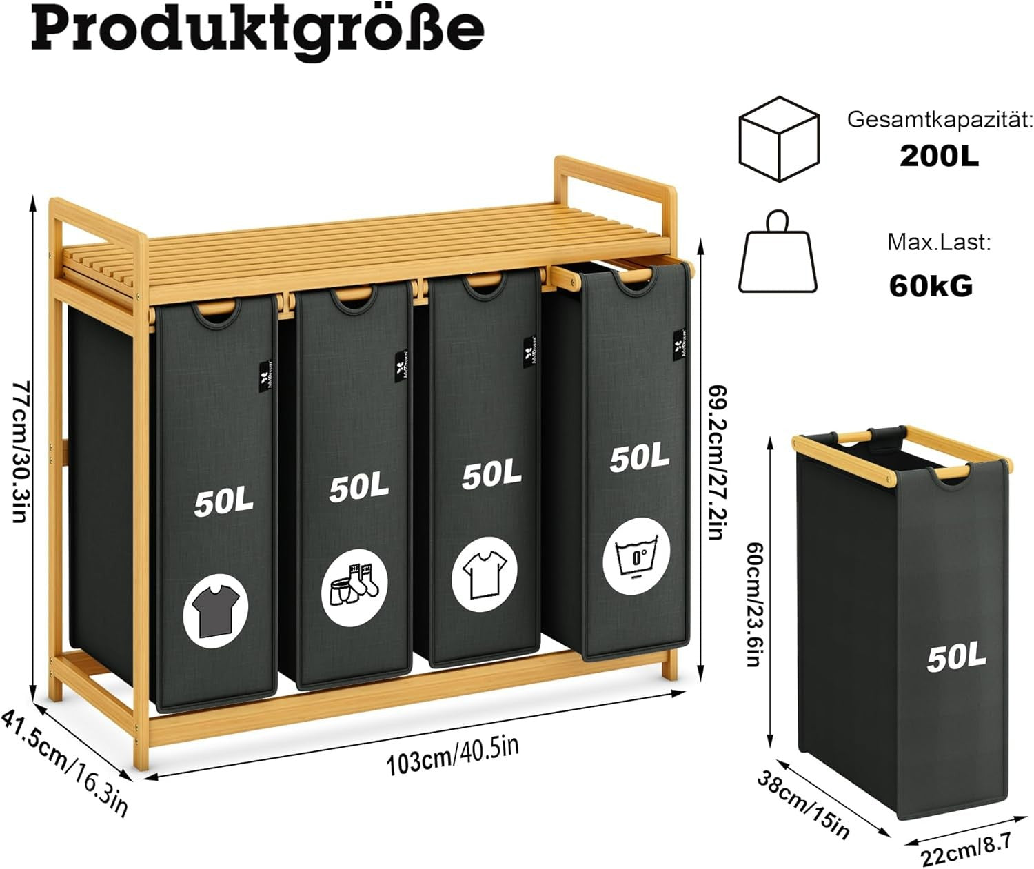 Large 200L 4 - Section Laundry Sorter Bamboo Frame Extendable Detachable Bags - Kwikley