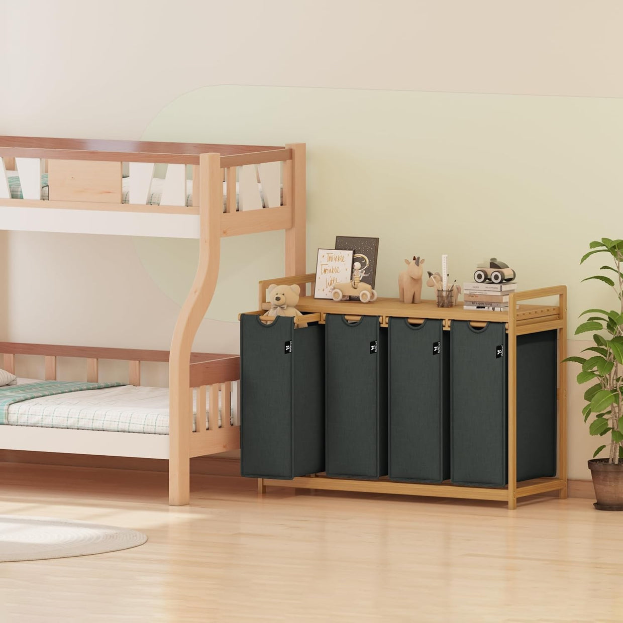 Large 200L 4 - Section Laundry Sorter Bamboo Frame Extendable Detachable Bags - Kwikley
