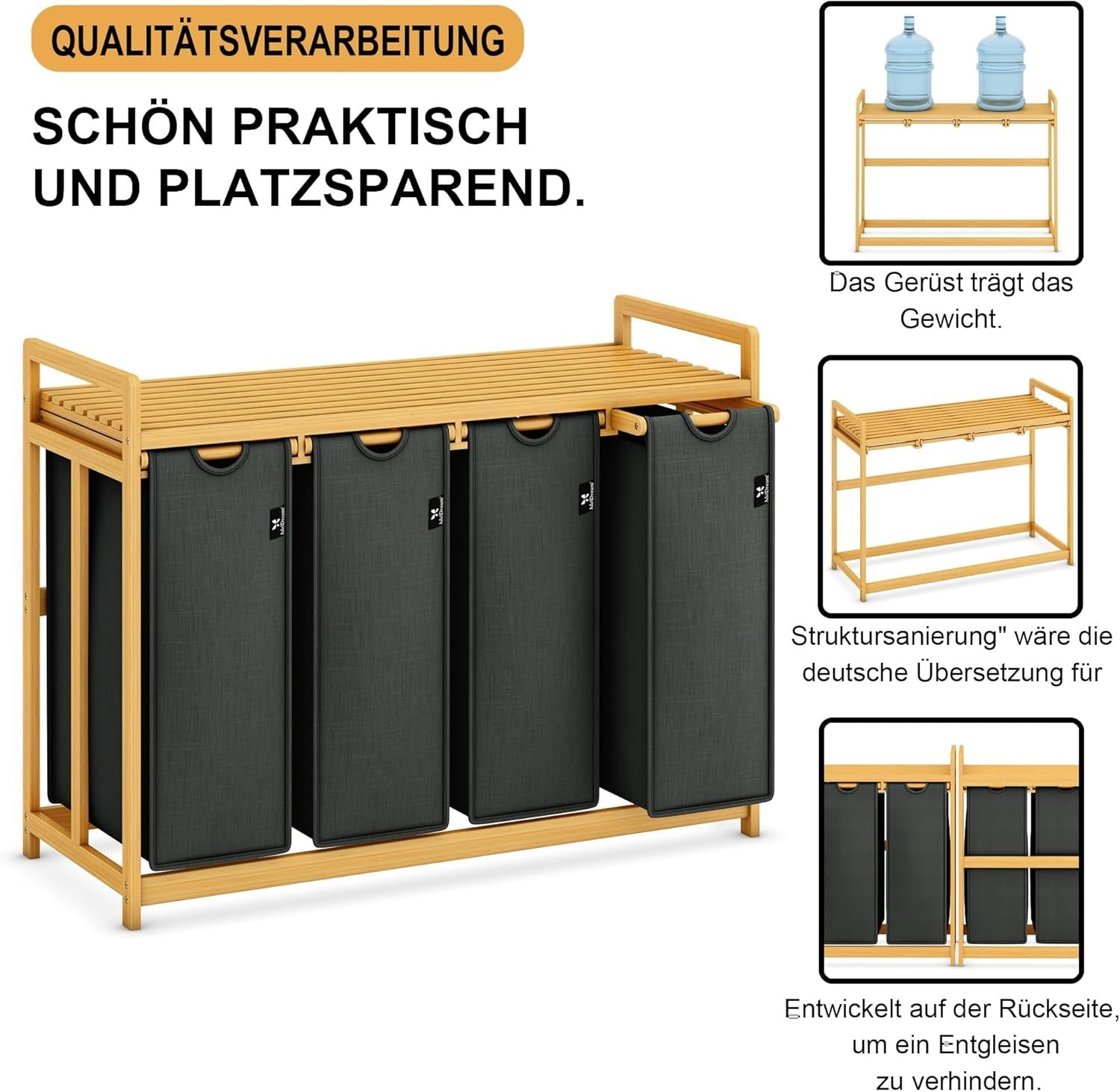 Large 200L 4 - Section Laundry Sorter Bamboo Frame Extendable Detachable Bags - Kwikley