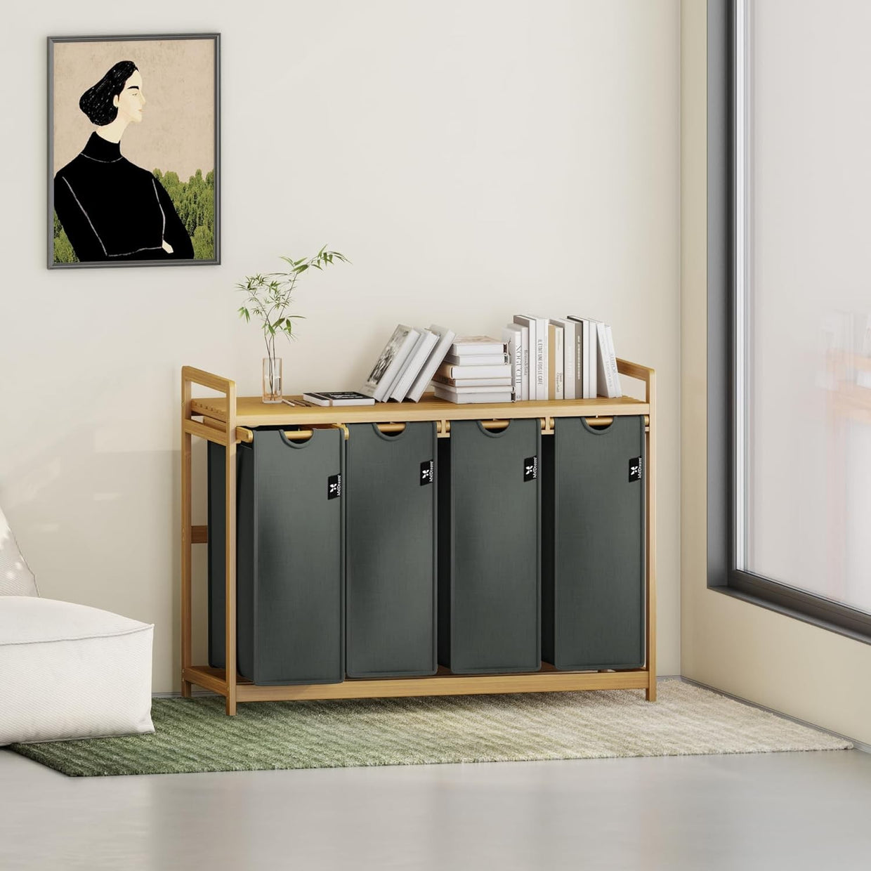 Large 200L 4 - Section Laundry Sorter Bamboo Frame Extendable Detachable Bags - Kwikley