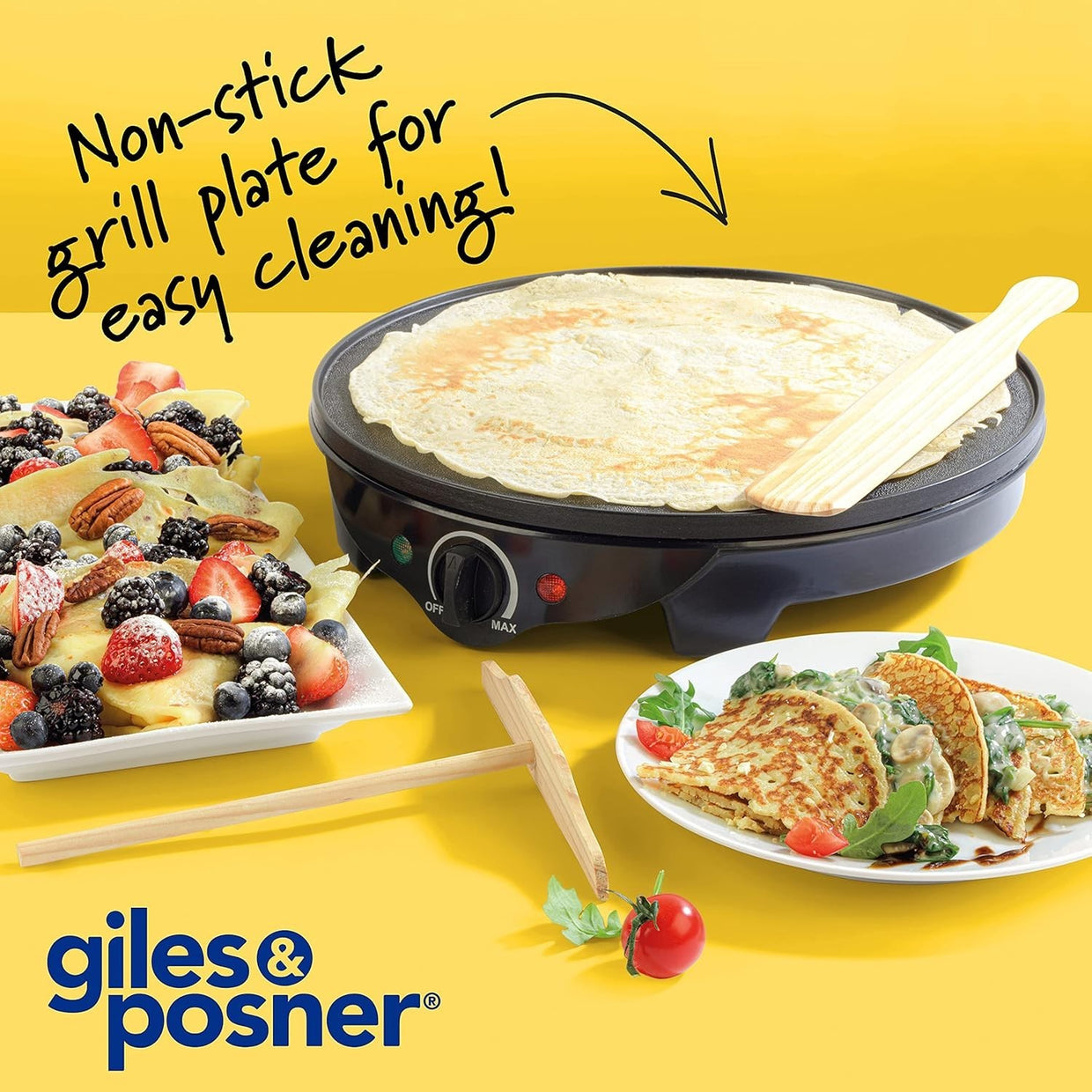 Large 30cm Electric Crepe Maker Non - Stick Hot Plate Adjustable Temp 1300W + Tool - Kwikley