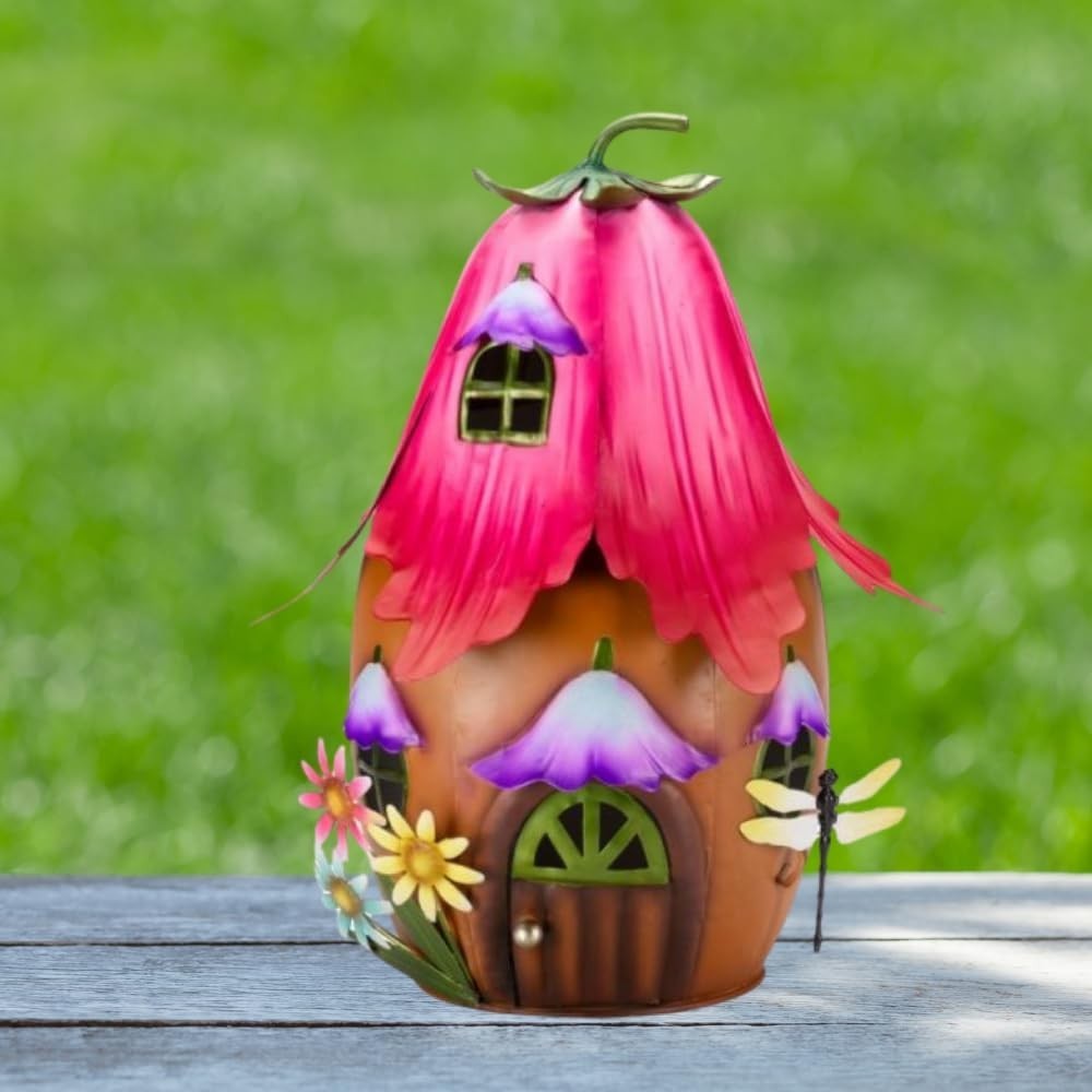 Large 30cm Fairy House Garden Ornament Metal Hand - Painted Weatherproof Decor - Kwikley