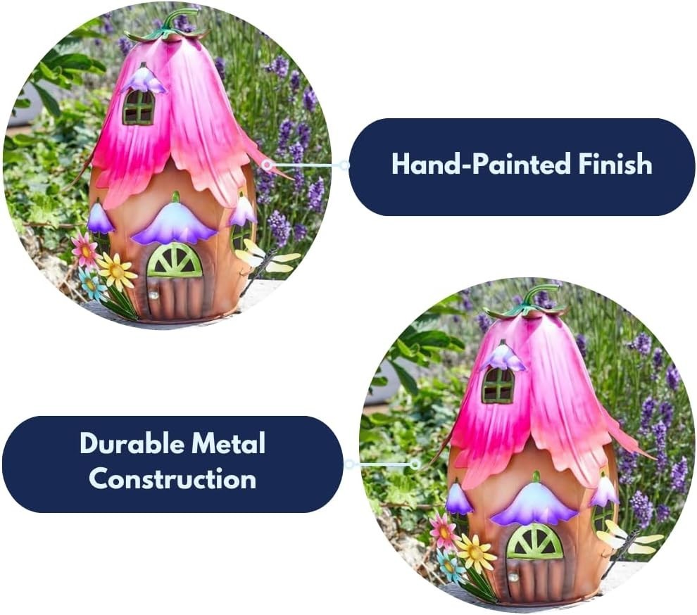 Large 30cm Fairy House Garden Ornament Metal Hand - Painted Weatherproof Decor - Kwikley