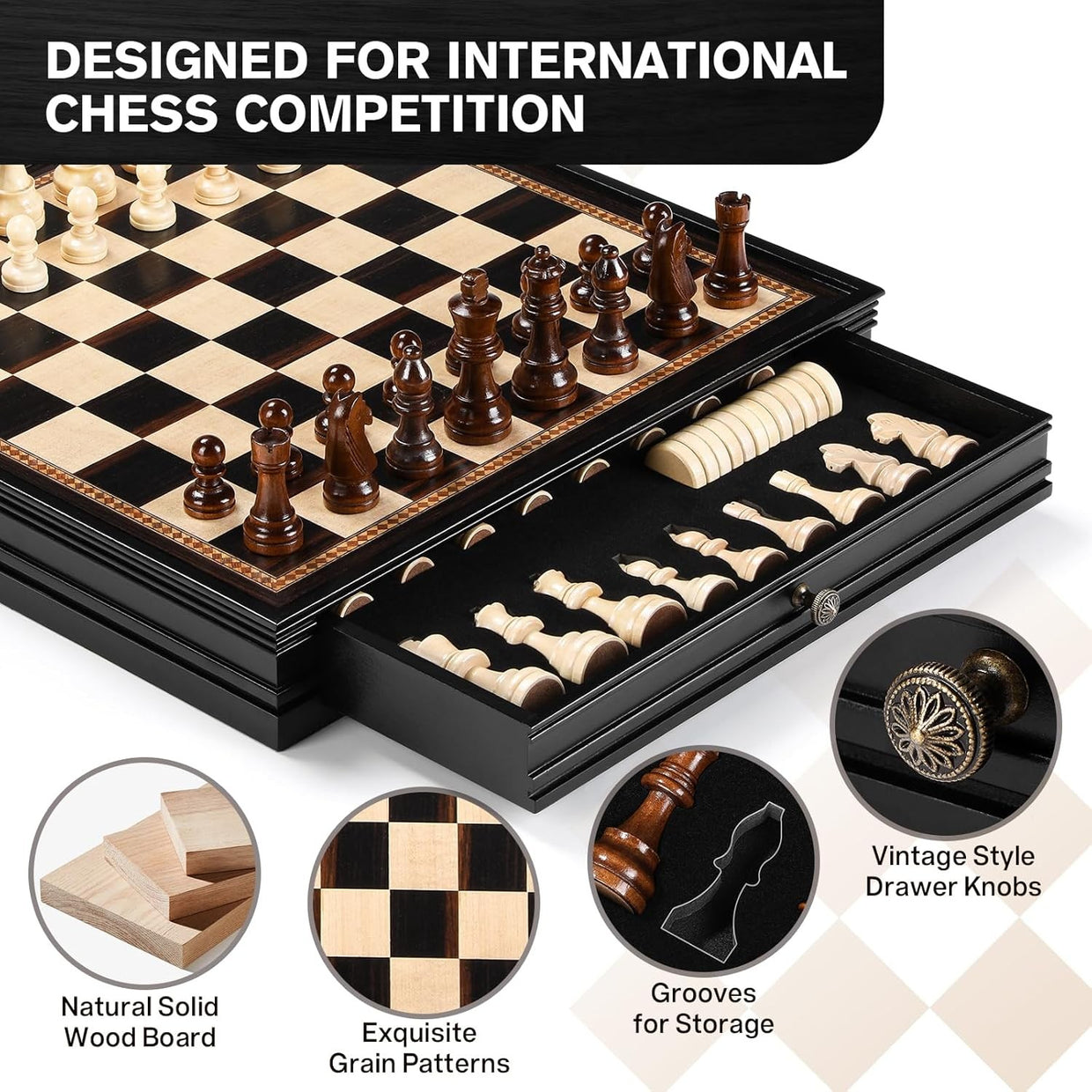 Large 38cm Wooden Magnetic Chess & Checkers Set w/ 2 Storage Drawers & Queens - Kwikley