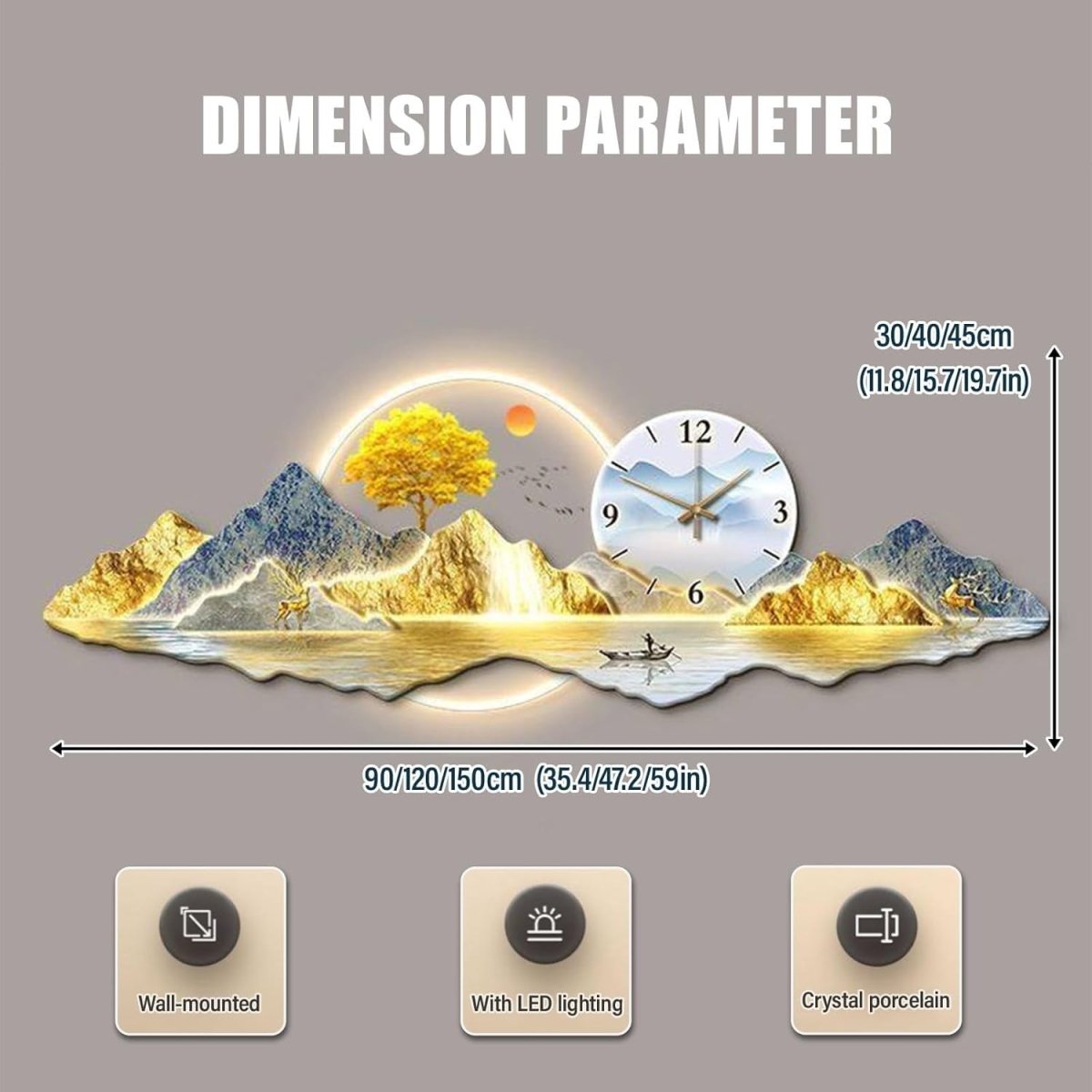 Large 3D LED Wall Clock Art 120x40cm Gold Decor - Kwikley