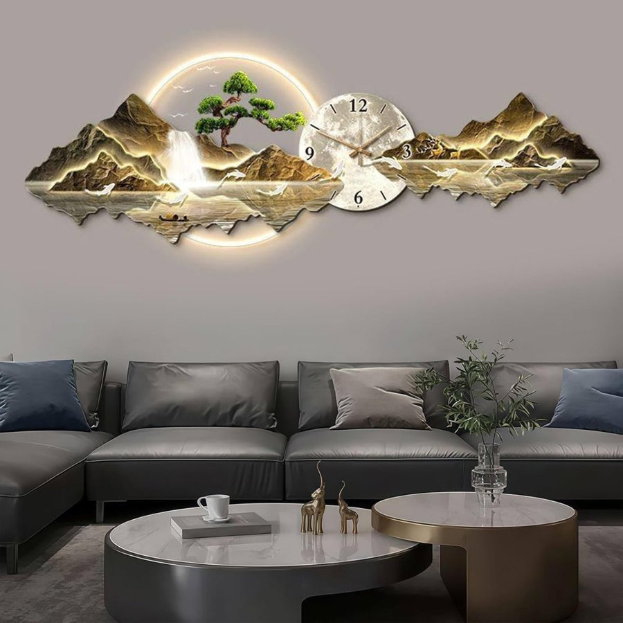 Large 3D LED Wall Clock Art 120x40cm Gold Decor - Kwikley