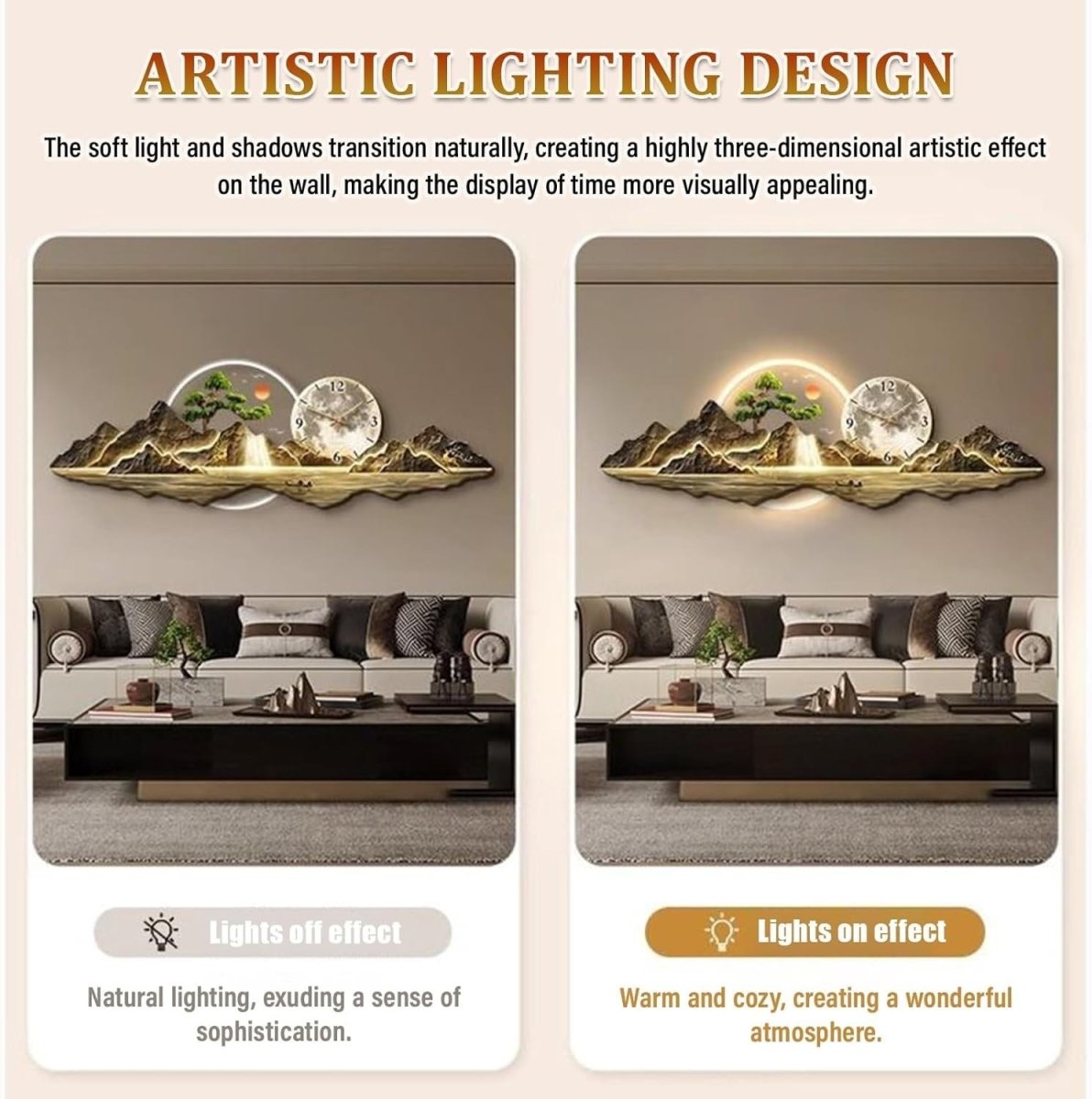Large 3D LED Wall Clock Art 120x40cm Gold Decor - Kwikley