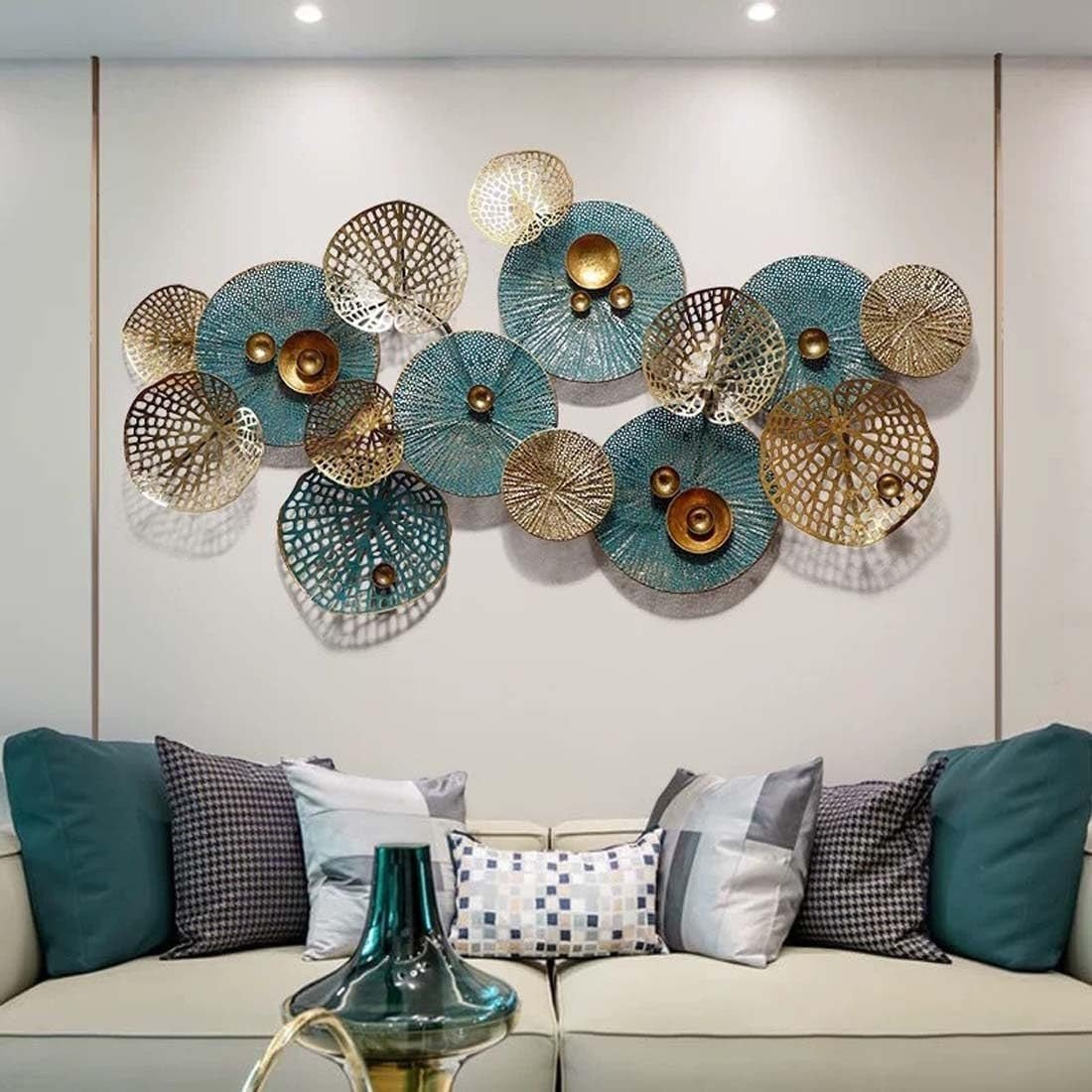 Large 3D Metal Circle Wall Art Blue Gold Living Room Decor - Kwikley