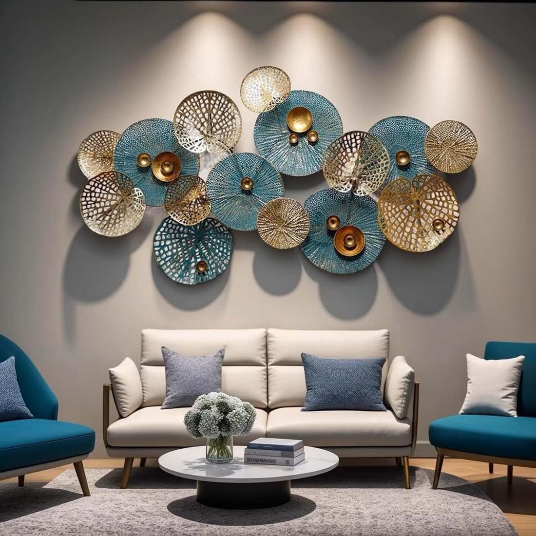 Large 3D Metal Circle Wall Art Blue Gold Living Room Decor - Kwikley