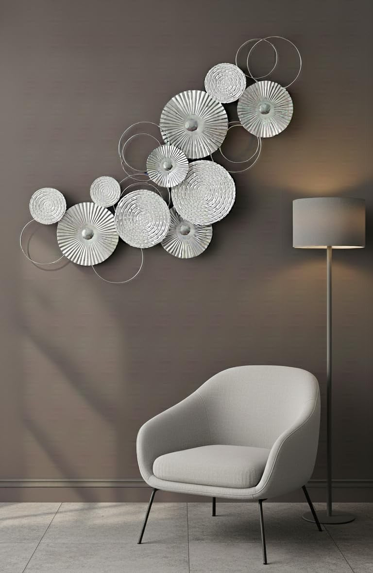 Large 3D Metal Wall Art Silver White Circle Sculpture 83x38cm - Kwikley