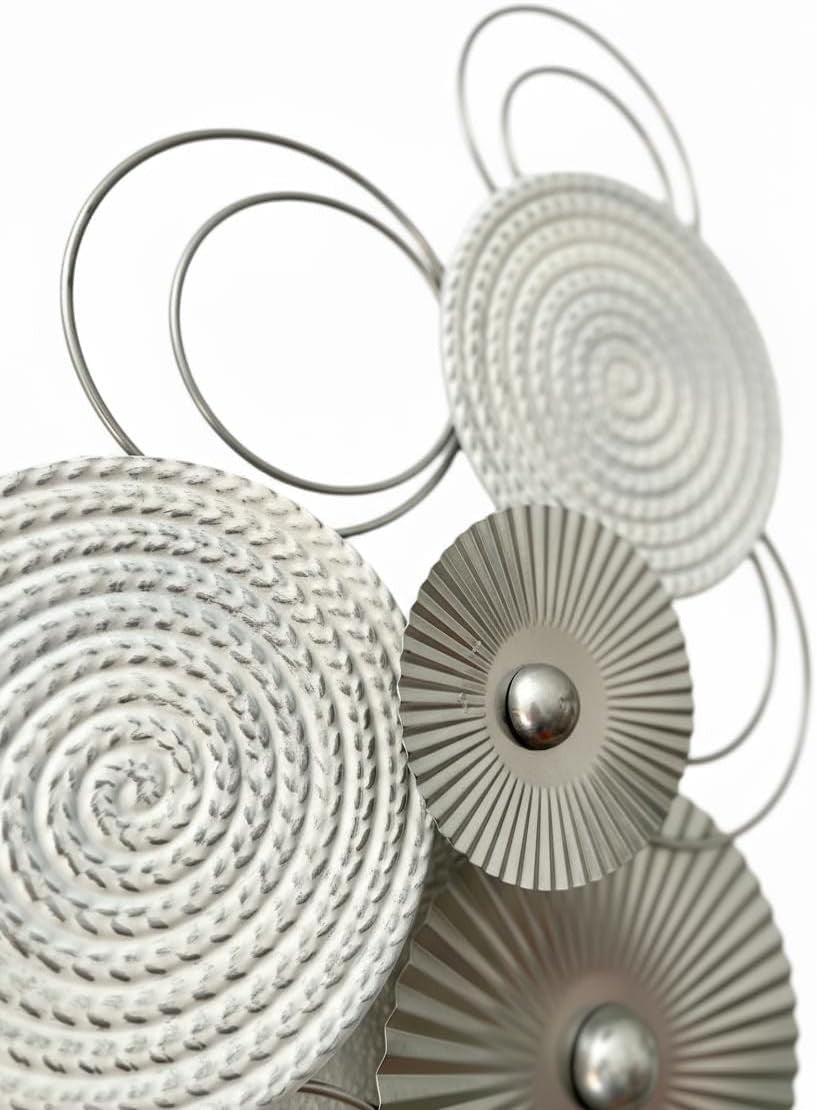 Large 3D Metal Wall Art Silver White Circle Sculpture 83x38cm - Kwikley
