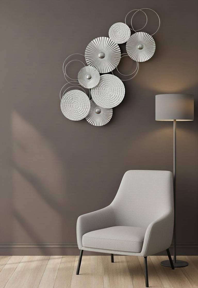 Large 3D Metal Wall Art Silver White Circle Sculpture 83x38cm - Kwikley