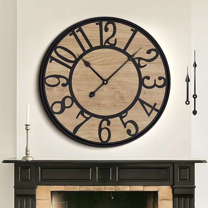 Large 40cm Vintage Wall Clock Silent Rustic Wood Metal Arabic Numeral Home Decor - Kwikley