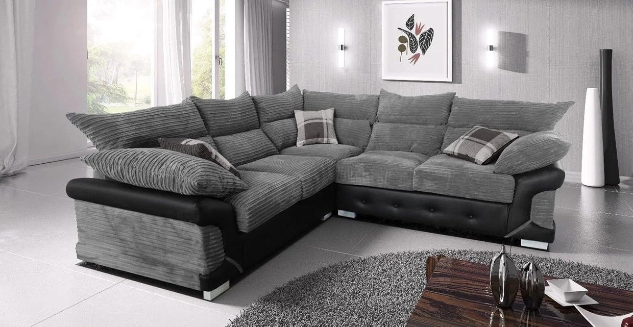 Large 5 Seater Grey - Black Fabric Corner Sofa | Sturdy Wooden Frame | Modern L - Sh - Kwikley