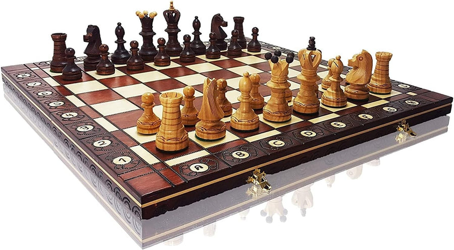 Large 54cm Wooden Chess Set – Handcrafted Burnt Board & Ornamental Pieces - Kwikley