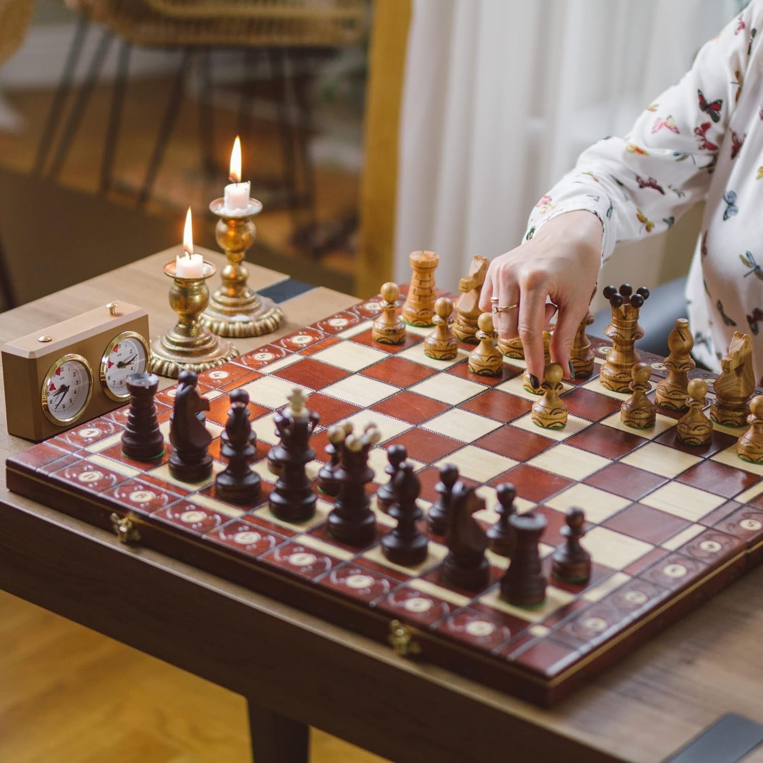 Large 54cm Wooden Chess Set – Handcrafted Burnt Board & Ornamental Pieces - Kwikley