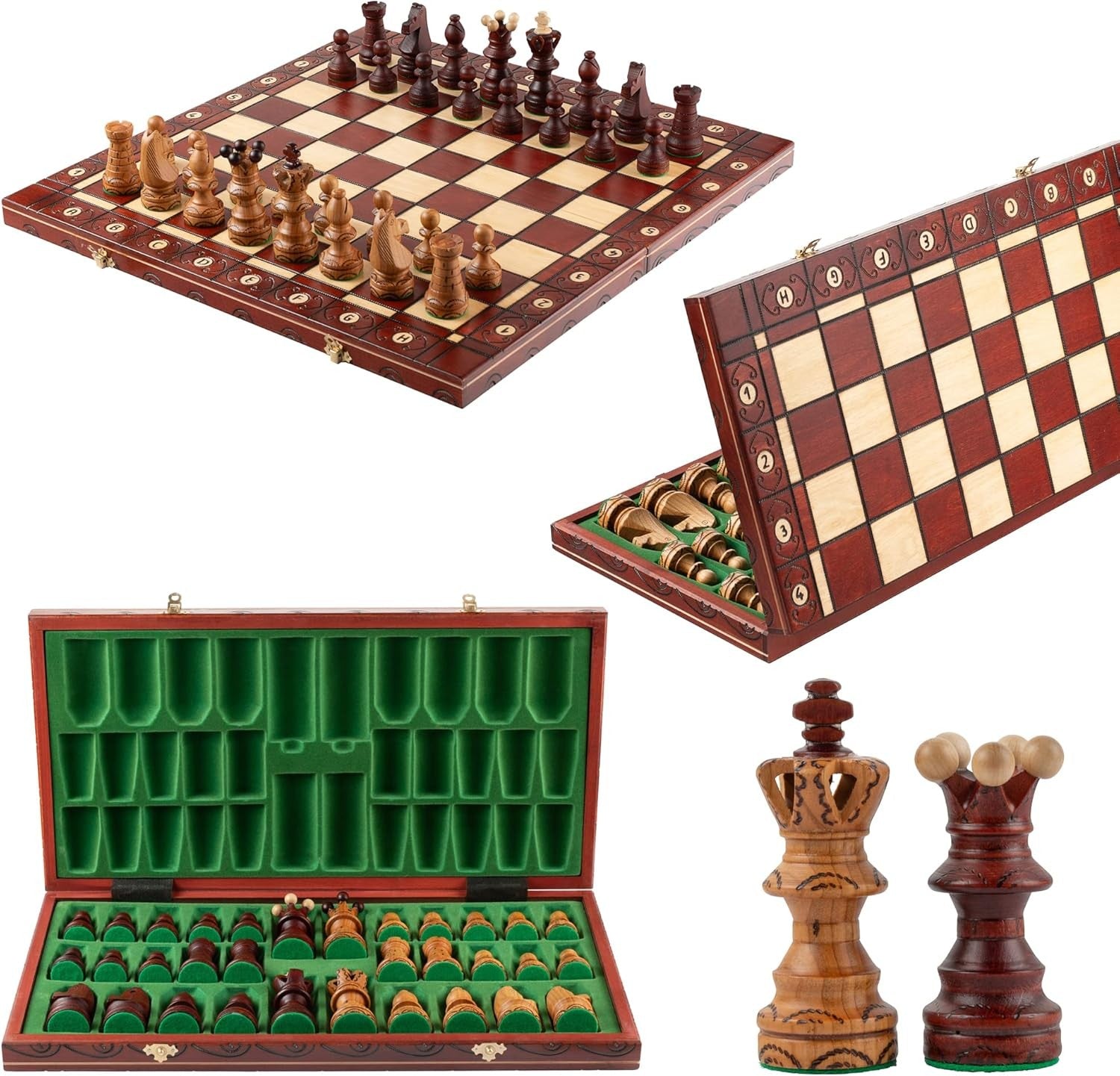 Large 54cm Wooden Chess Set – Handcrafted Burnt Board & Ornamental Pieces - Kwikley