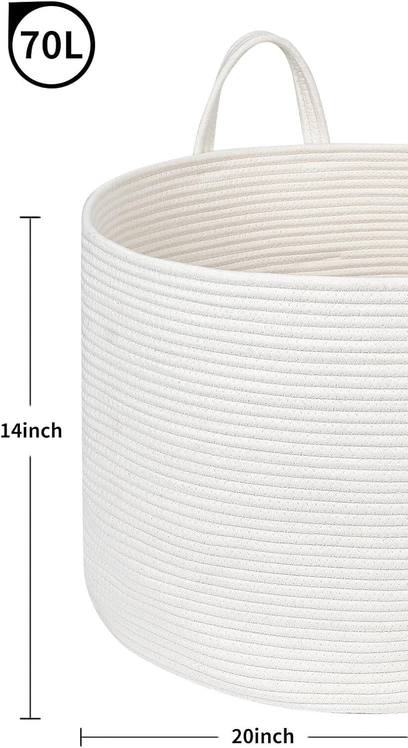 Large 70L Woven Rope Laundry Basket with Handles Soft Cotton Hamper White - Kwikley