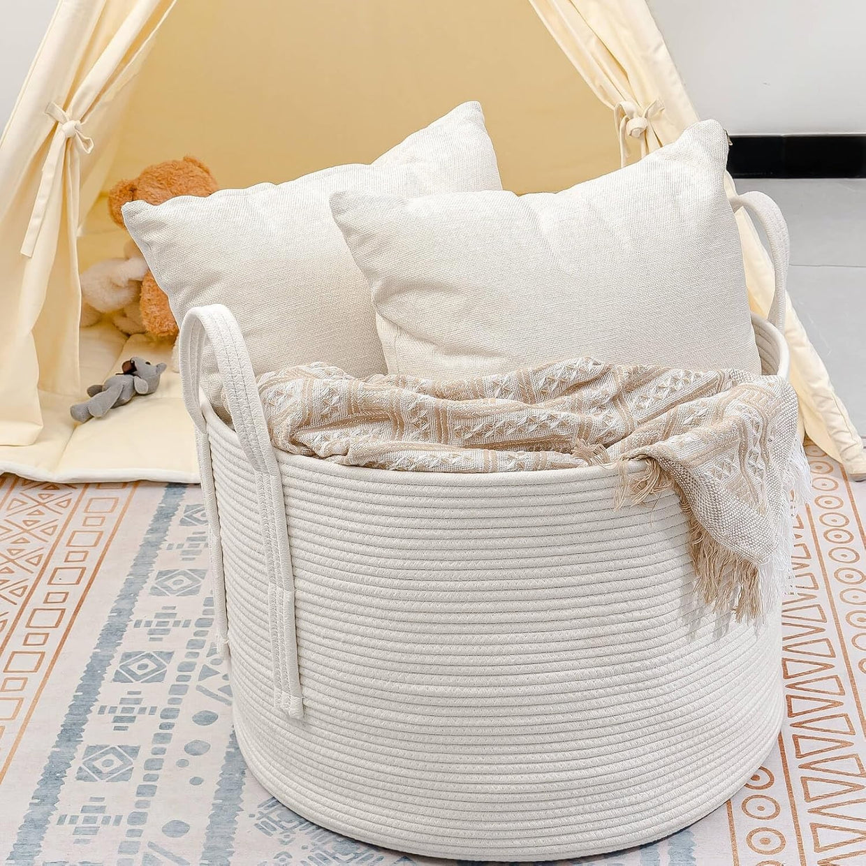 Large 70L Woven Rope Laundry Basket with Handles Soft Cotton Hamper White - Kwikley