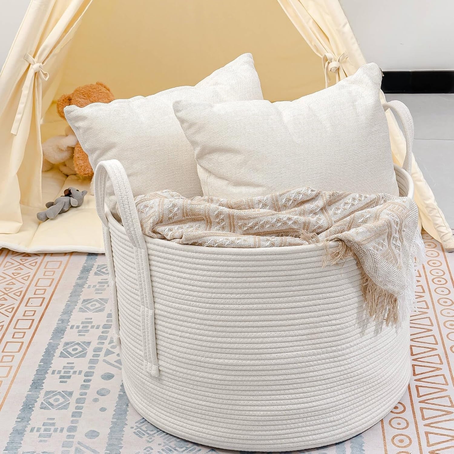 Large 70L Woven Rope Laundry Basket with Handles Soft Cotton Hamper White - Kwikley