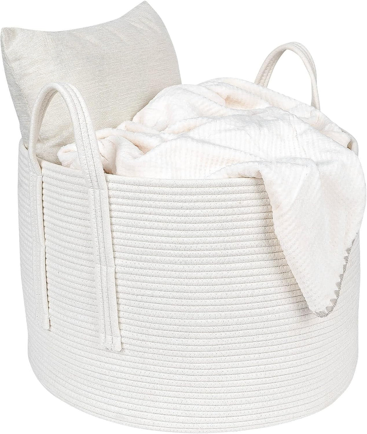 Large 70L Woven Rope Laundry Basket with Handles Soft Cotton Hamper White - Kwikley