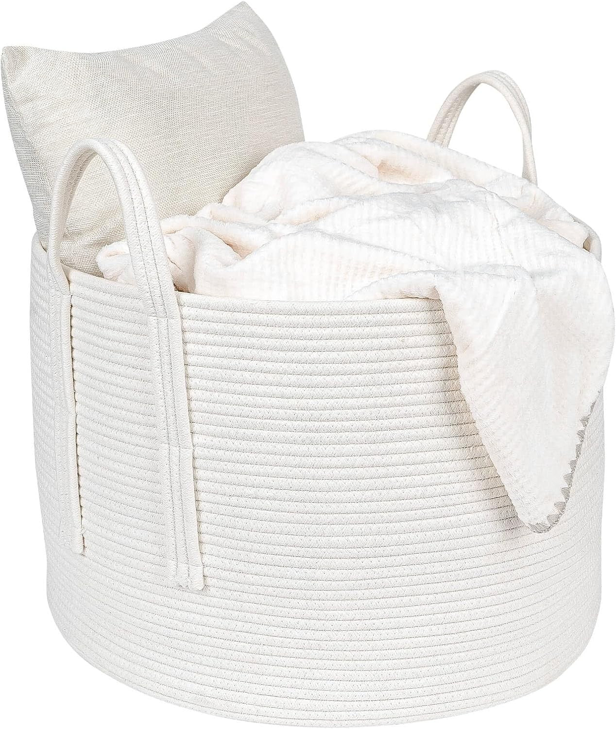 Large 70L Woven Rope Laundry Basket with Handles Soft Cotton Hamper White - Kwikley