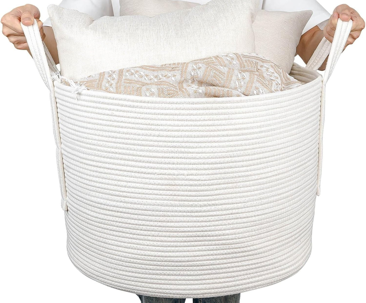 Large 70L Woven Rope Laundry Basket with Handles Soft Cotton Hamper White - Kwikley