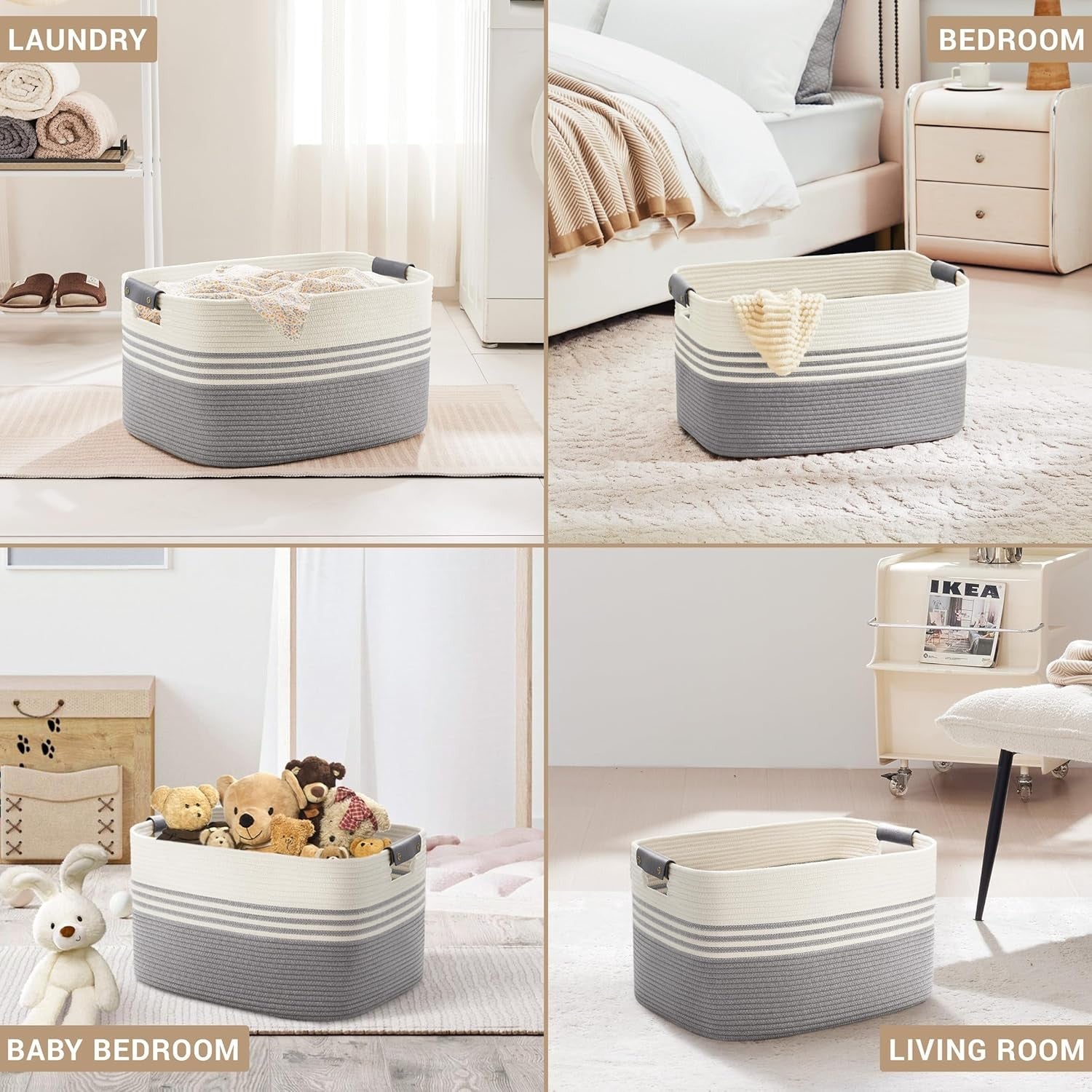 Large 72L Woven Laundry Basket with Leather Handles Storage Bin for Home Bedroom - Kwikley