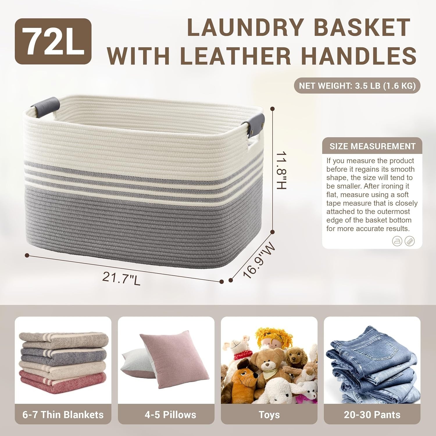 Large 72L Woven Laundry Basket with Leather Handles Storage Bin for Home Bedroom - Kwikley