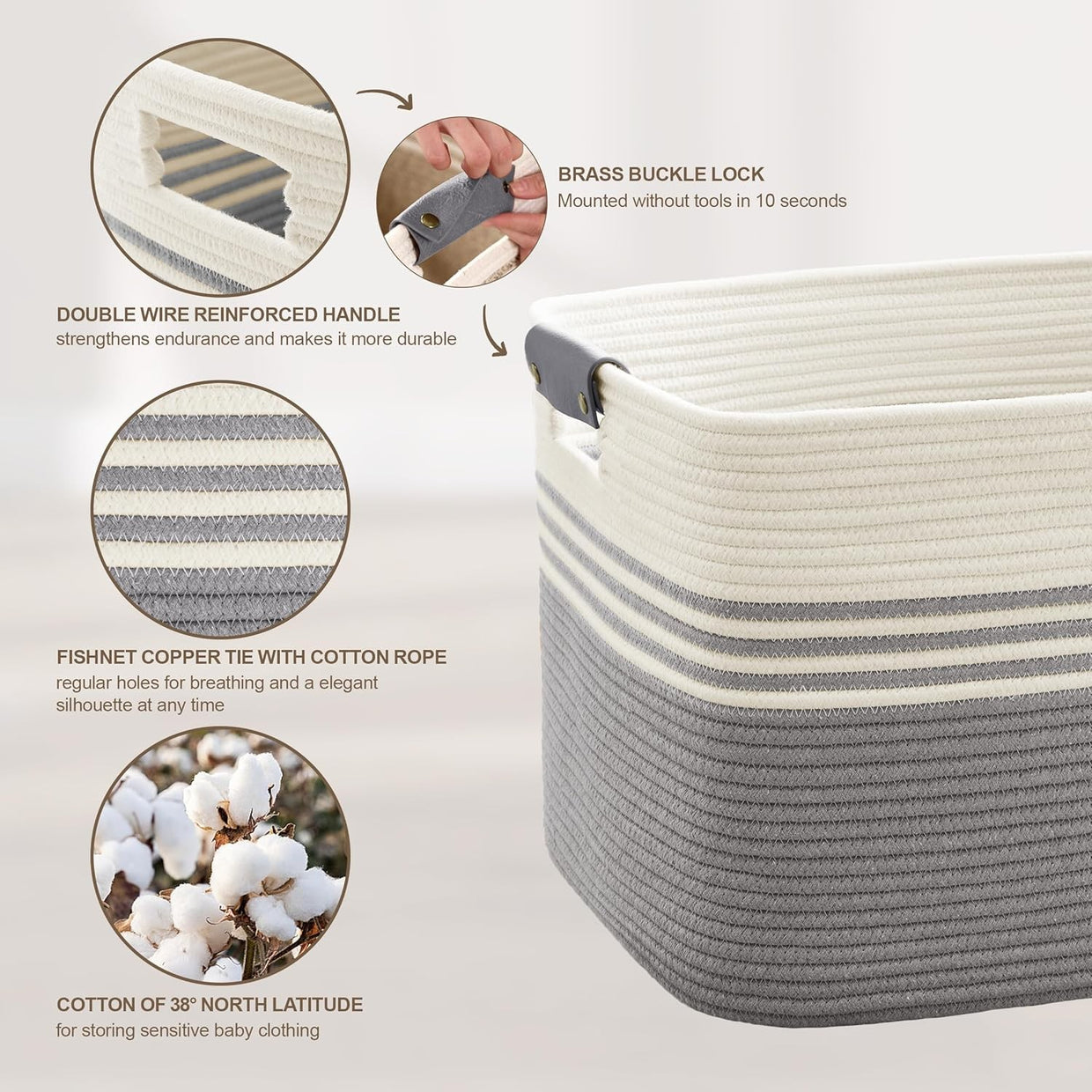 Large 72L Woven Laundry Basket with Leather Handles Storage Bin for Home Bedroom - Kwikley