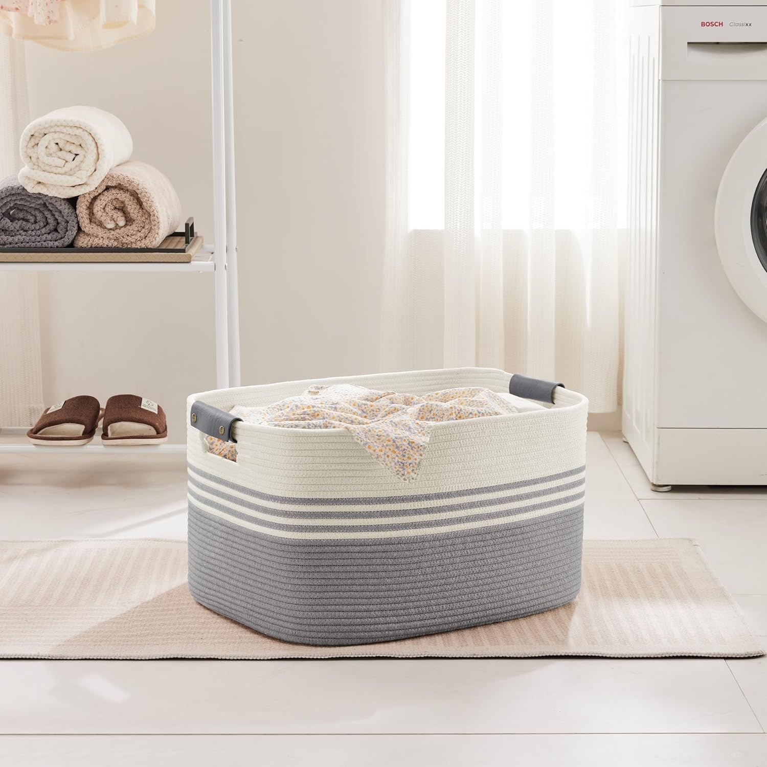 Large 72L Woven Laundry Basket with Leather Handles Storage Bin for Home Bedroom - Kwikley