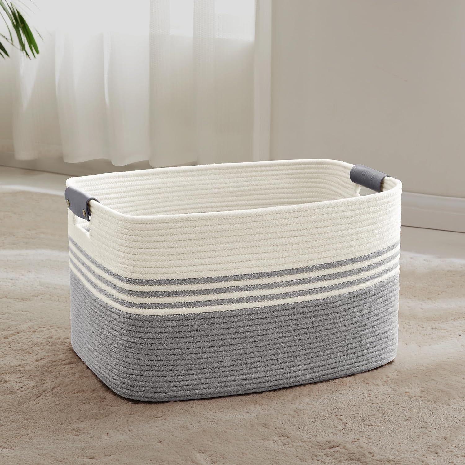 Large 72L Woven Laundry Basket with Leather Handles Storage Bin for Home Bedroom - Kwikley