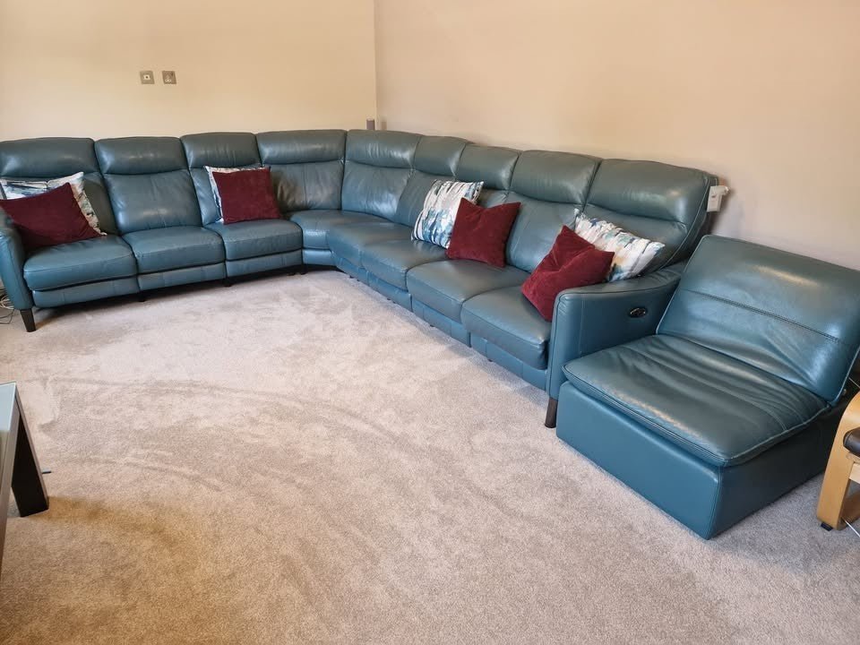 Large 8 Seater Blueish Green Leather Corner Sofa (PTP) - Kwikley