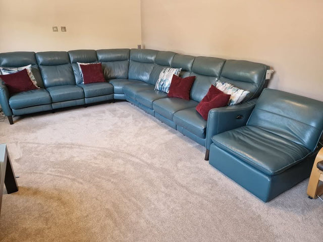Large 8 Seater Blueish Green Leather Corner Sofa (PTP)