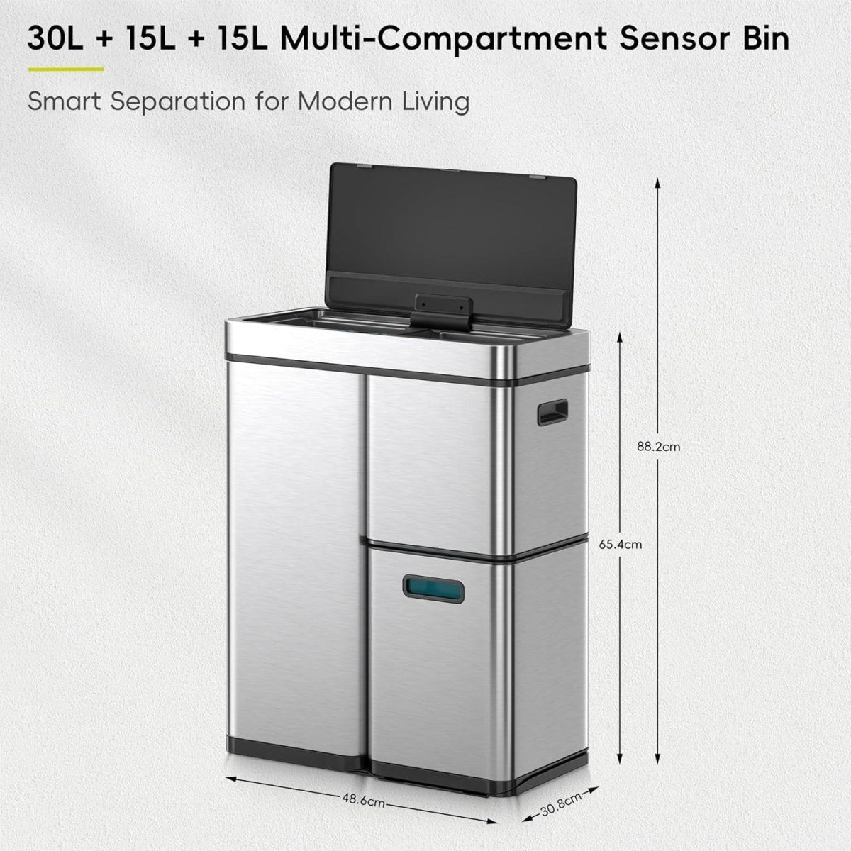 Large 80L Touchless Sensor Bin Stainless Steel Soft Close - Kwikley