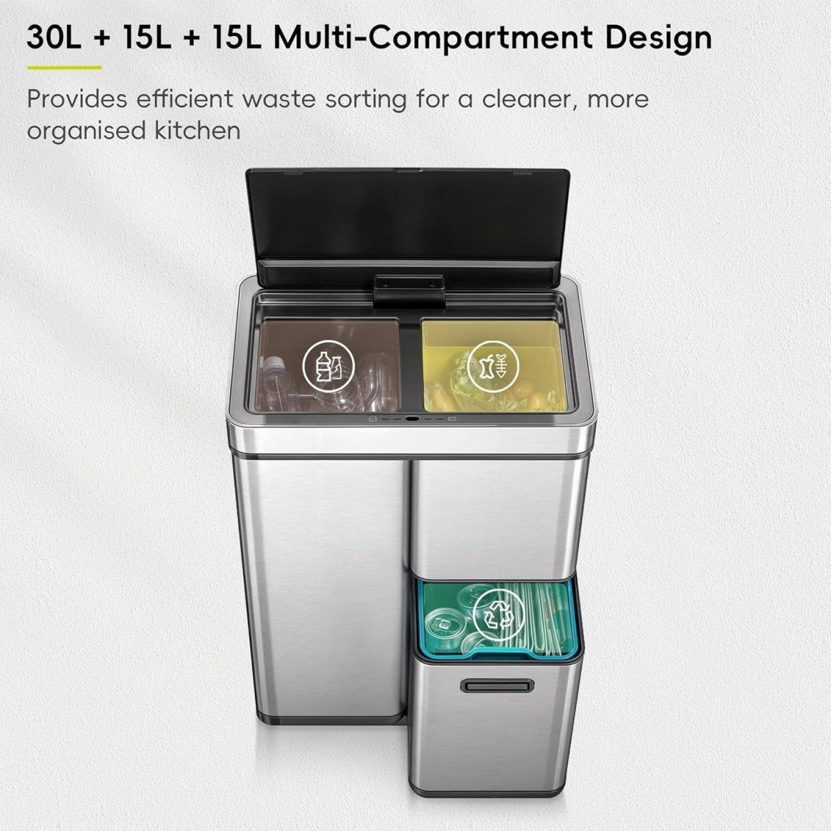 Large 80L Touchless Sensor Bin Stainless Steel Soft Close - Kwikley