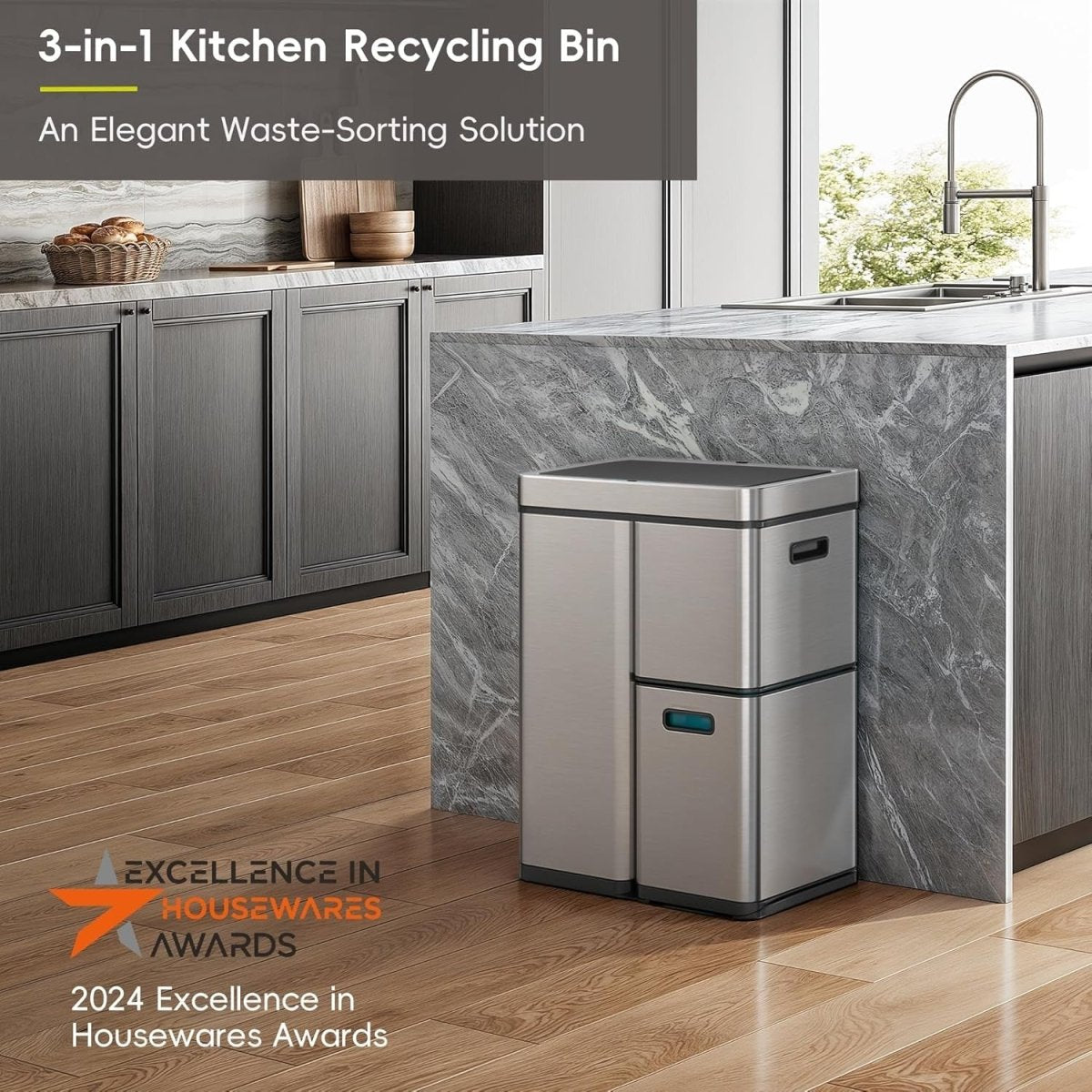 Large 80L Touchless Sensor Bin Stainless Steel Soft Close - Kwikley