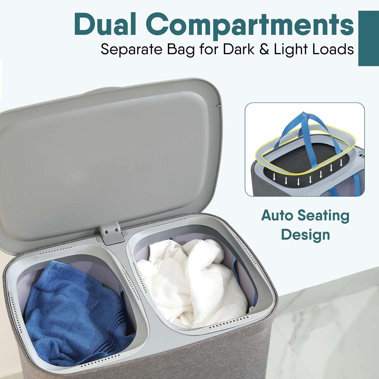 Large 90L Dual Laundry Hamper with Lid & 2 Removable Bags | Divider | Modern Gre - Kwikley
